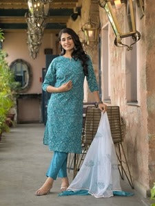 Teal Blue floral Kurta Pant Set
