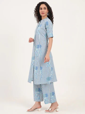 Blue Floral Printed Cotton Kurta Set