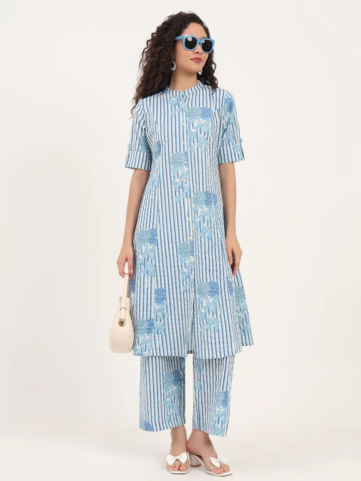 Blue Floral Printed Cotton Kurta Set