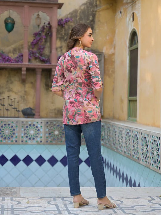 Pink Printed Rayon A-Line Top