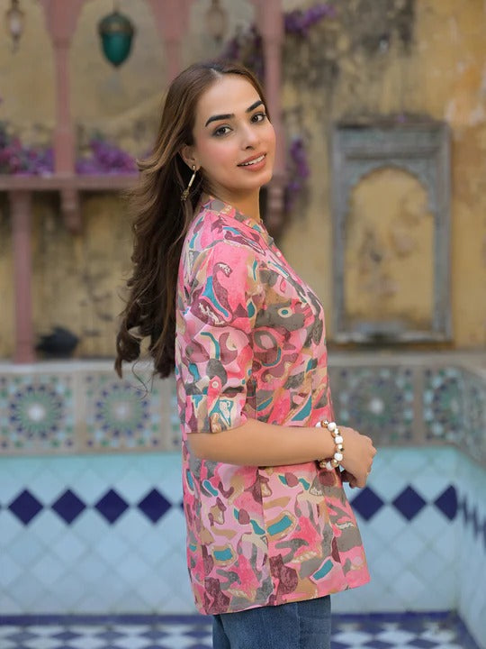 Pink Printed Rayon A-Line Top