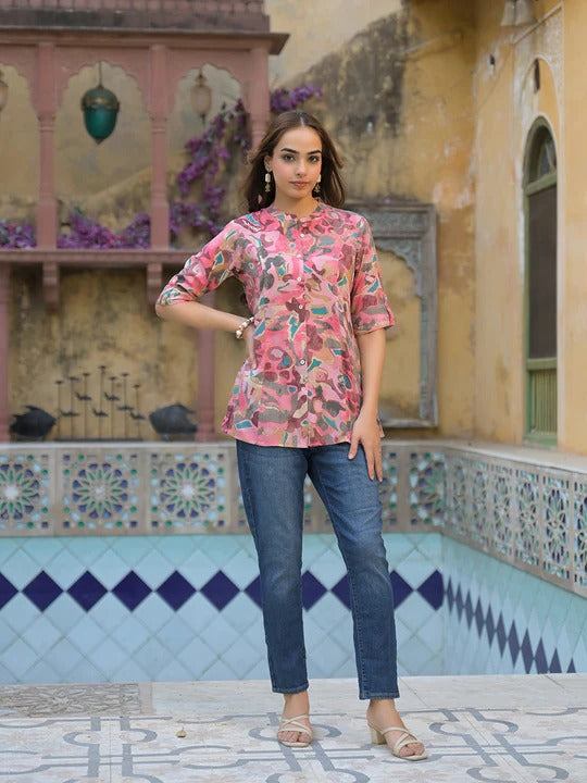 Pink Printed Rayon A-Line Top