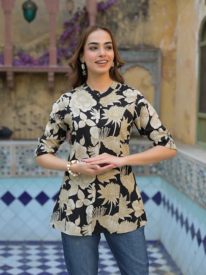 Black Printed Rayon A-Line Top