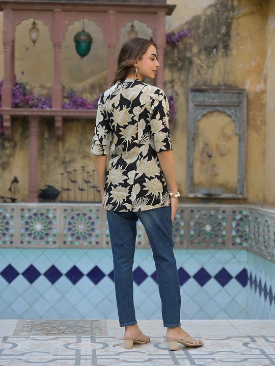 Black Printed Rayon A-Line Top
