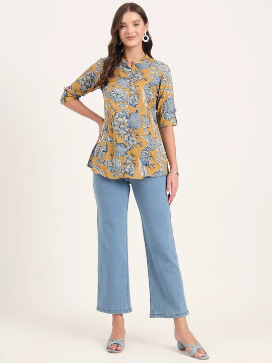 Mustard bloom Rollup Sleeves A-Line Top