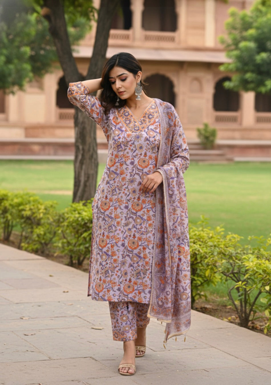 Lilac Blossom Hand Block Printed Suit with Dupatta