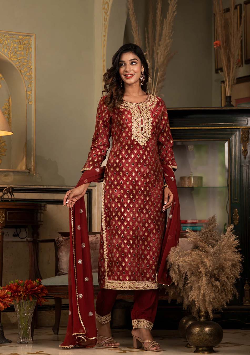Deep Red Muslin Silk Zari work Kurta Pant With Dupatta
