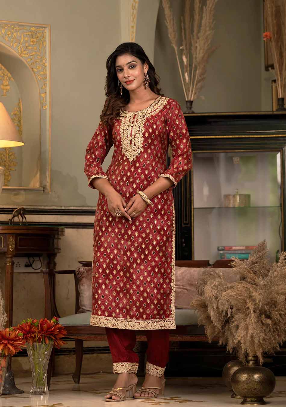 Deep Red Muslin Silk Zari work Kurta Pant With Dupatta