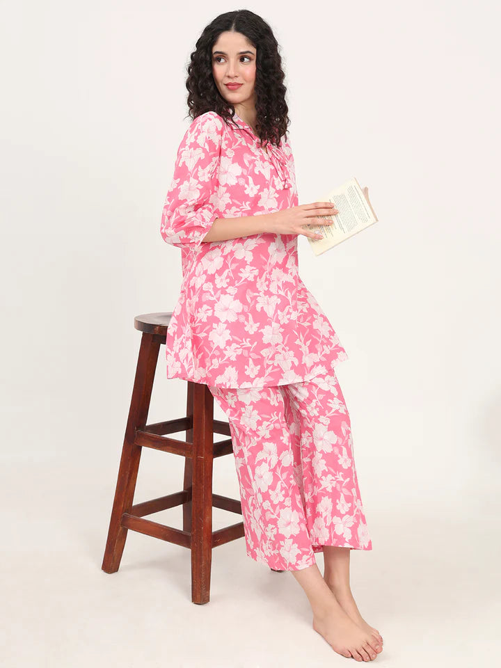 Pink Round Neck Cotton Night Suits