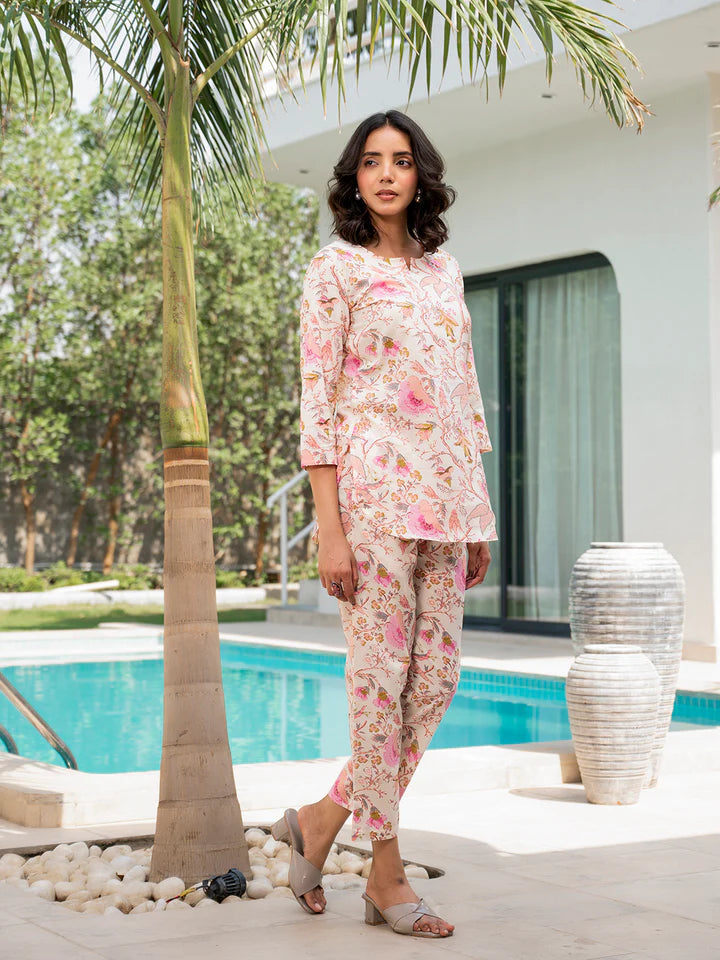 Cream Floral Print Cotton Regular Fit Night Suit Set
