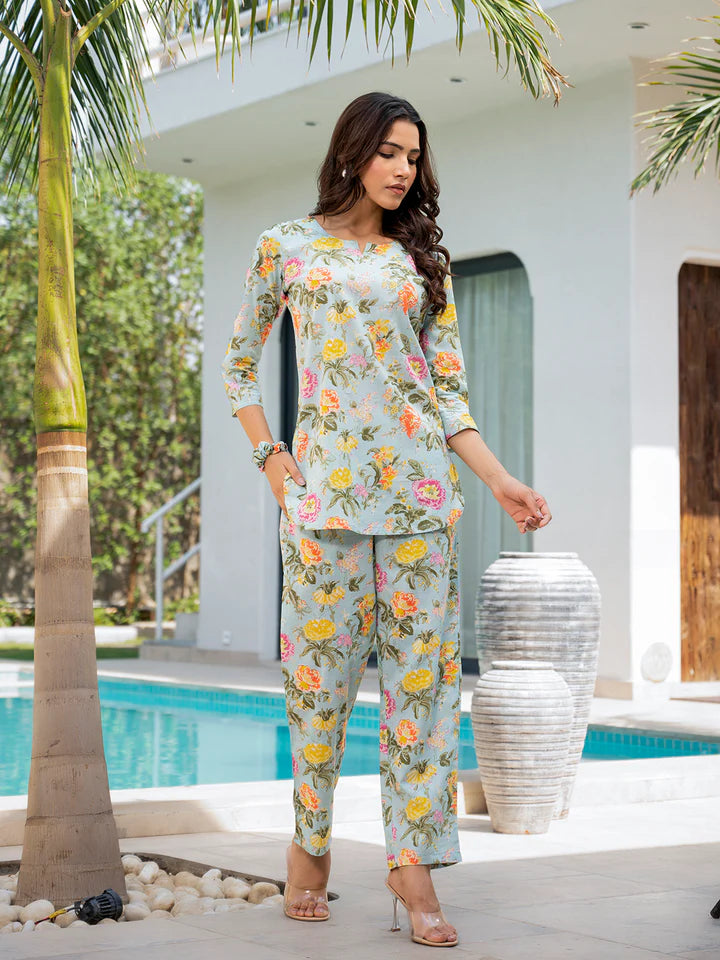 Sky Blue Floral Print Cotton Regular Fit Night Suit Set