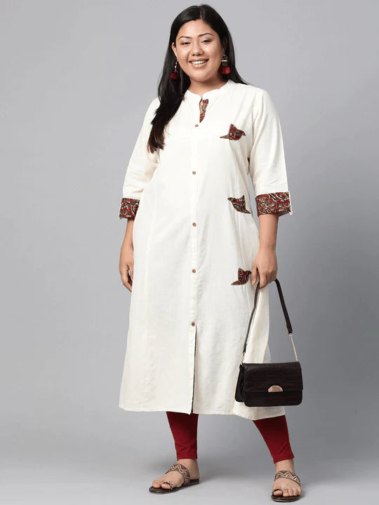 Plus Size Sequin Work Cotton Flex Off White Kurta