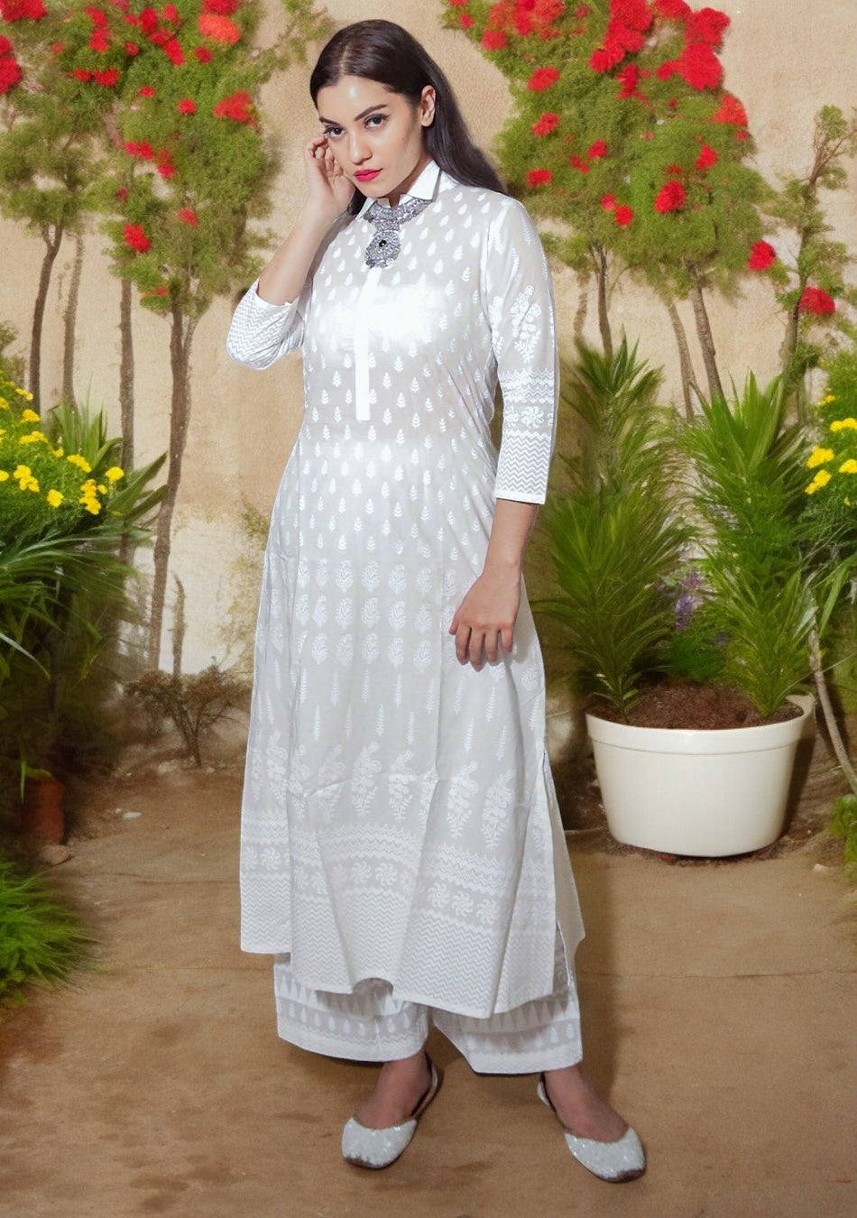 White Printed Cotton Kurti With Palazzo Set