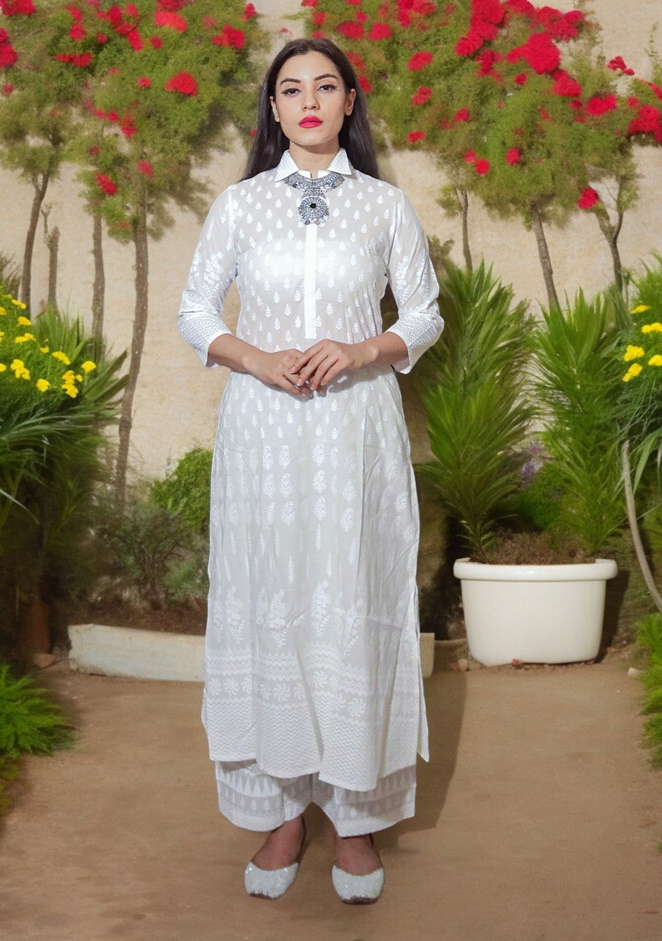 White Printed Cotton Kurti With Palazzo Set