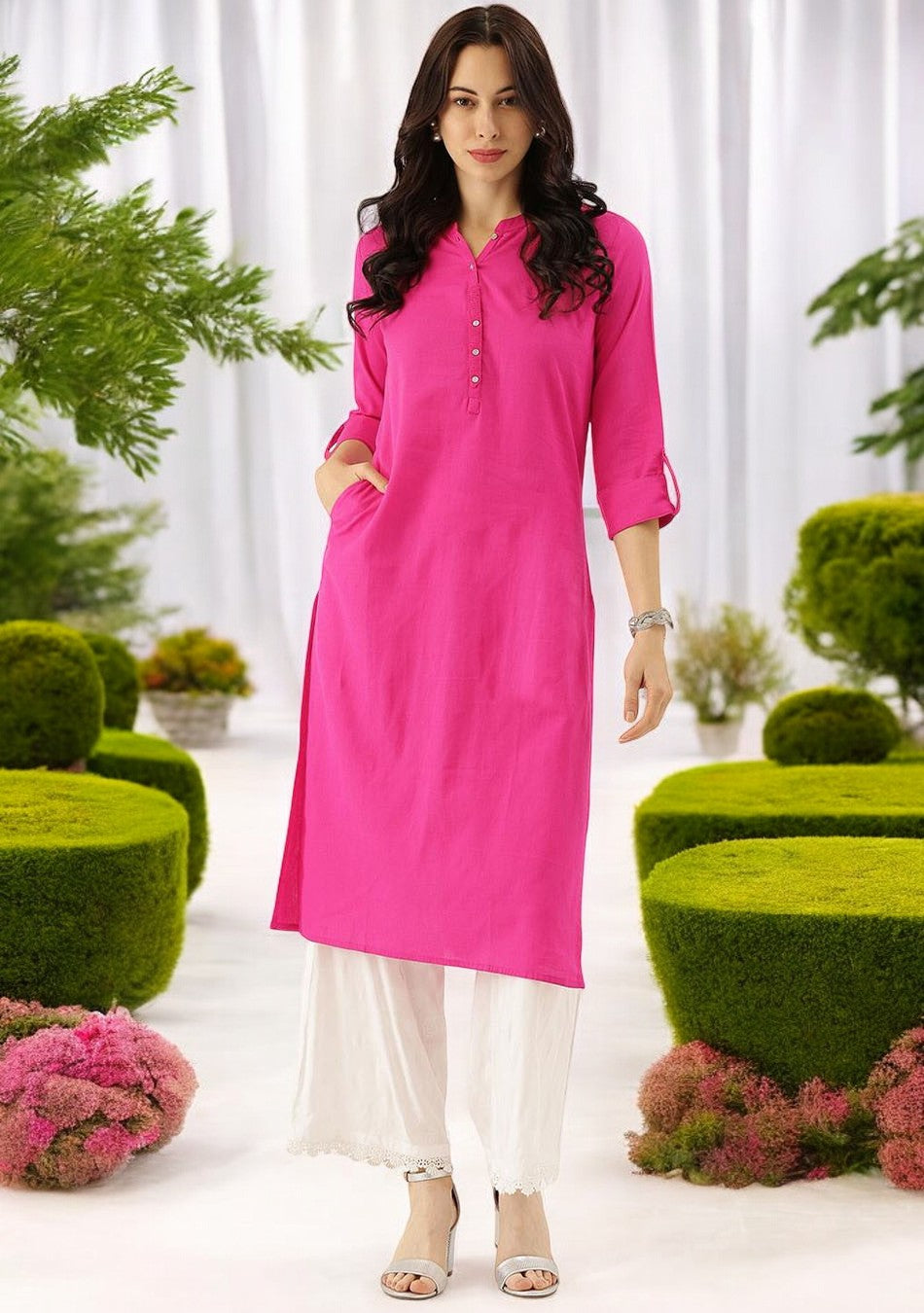Pink Solid Straight Kurti