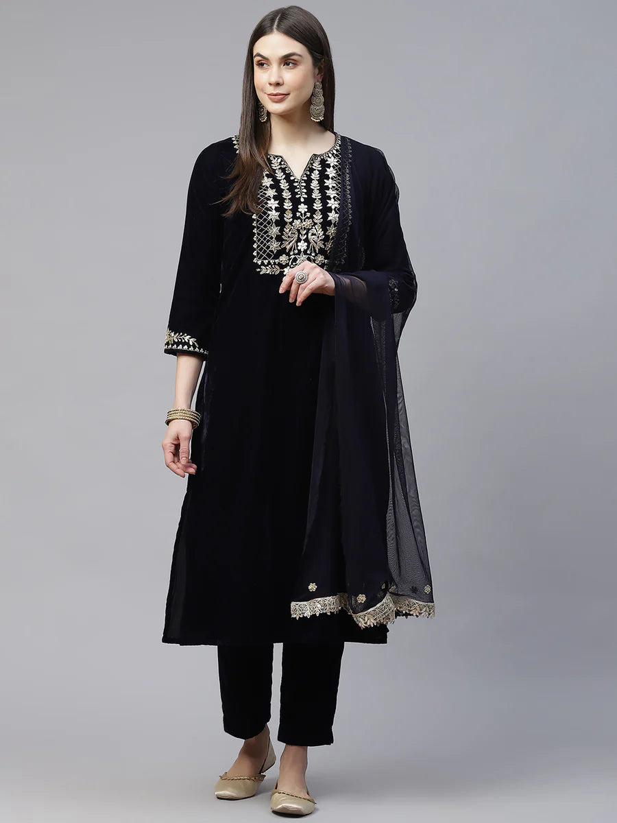 Royal Blue Velvet hand work Kurta pant With Net Dupatta set