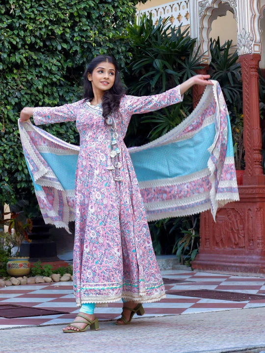 Pink Cotton Floral Printed Anarkali Kurta Pant Set With Dupatta
