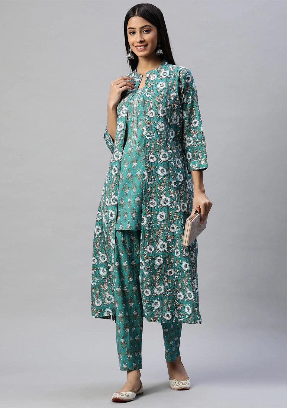 Green Cotton Floral Printed Three Piece Indowestern Kurta Pant Set with Jacket