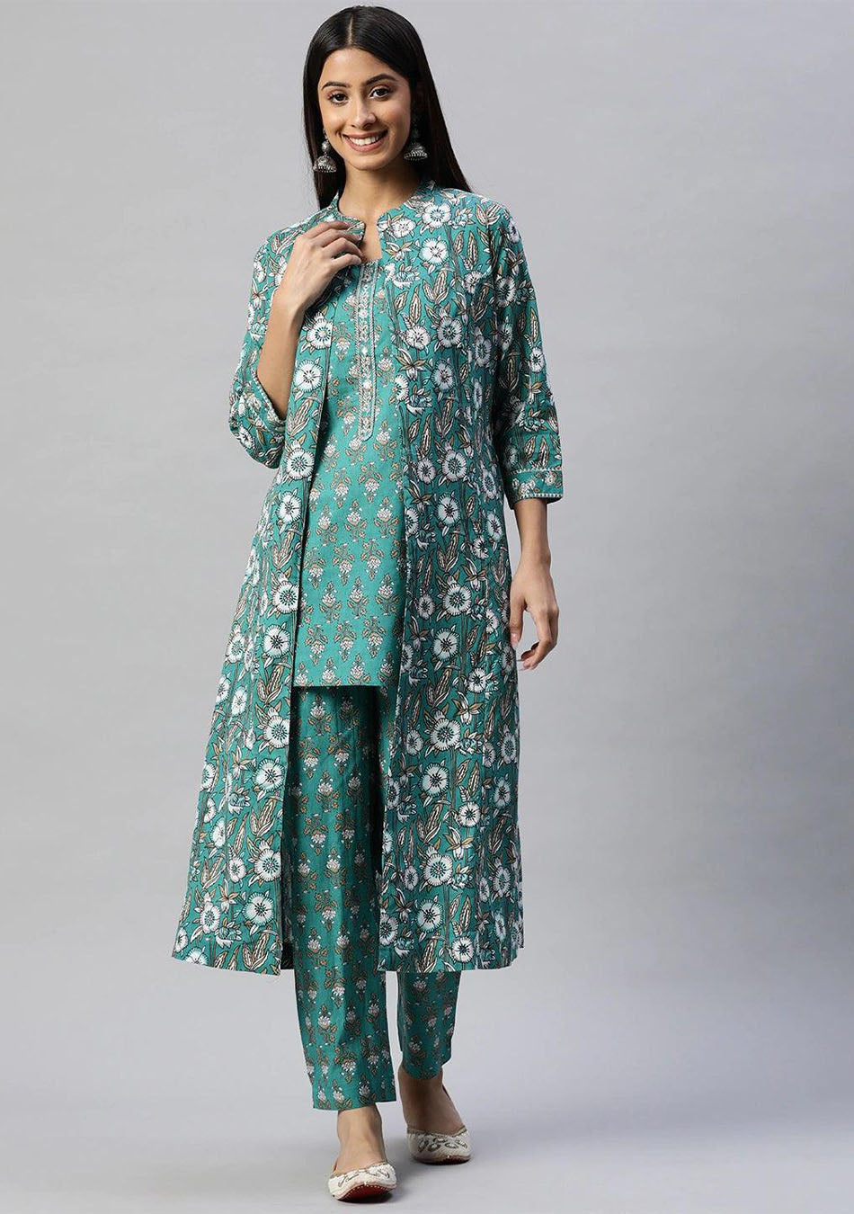 Green Cotton Floral Printed Three Piece Indowestern Kurta Pant Set with Jacket