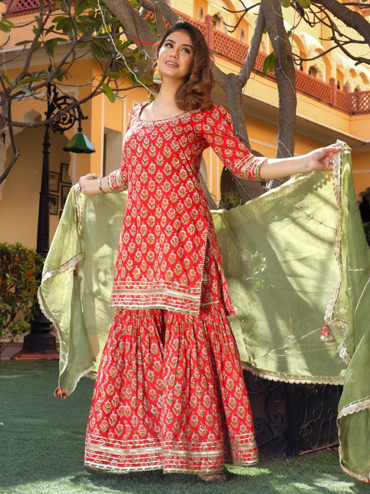 Red Cotton Dabu Printed Kurta Sharara Set with Kota Doria Dupatta