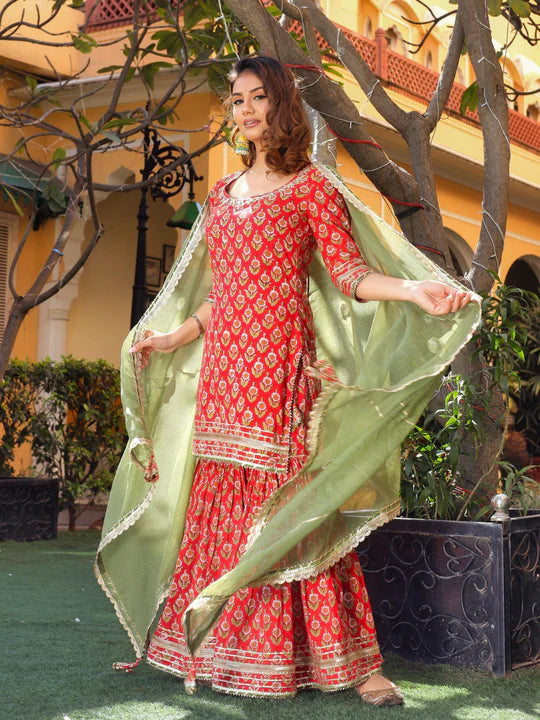 Red Cotton Dabu Printed Kurta Sharara Set with Kota Doria Dupatta