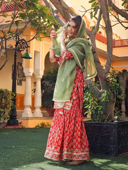 Red Cotton Dabu Printed Kurta Sharara Set with Kota Doria Dupatta