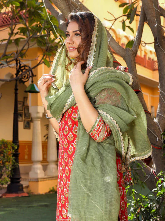 Red Cotton Dabu Printed Kurta Sharara Set with Kota Doria Dupatta