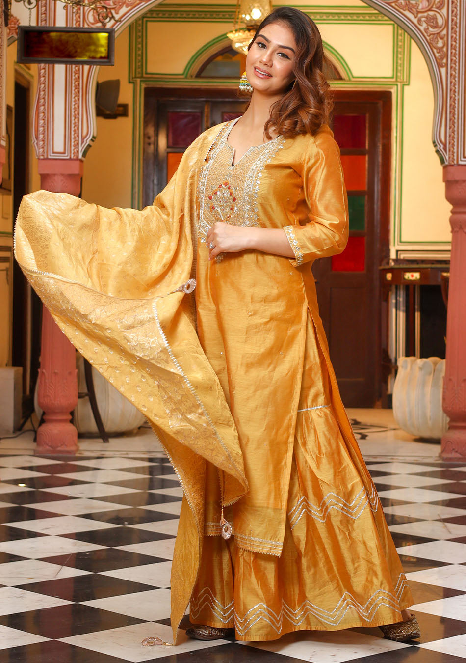 Yellow Gold Solid Chenderi Kurta Sharara Set with Dupatta