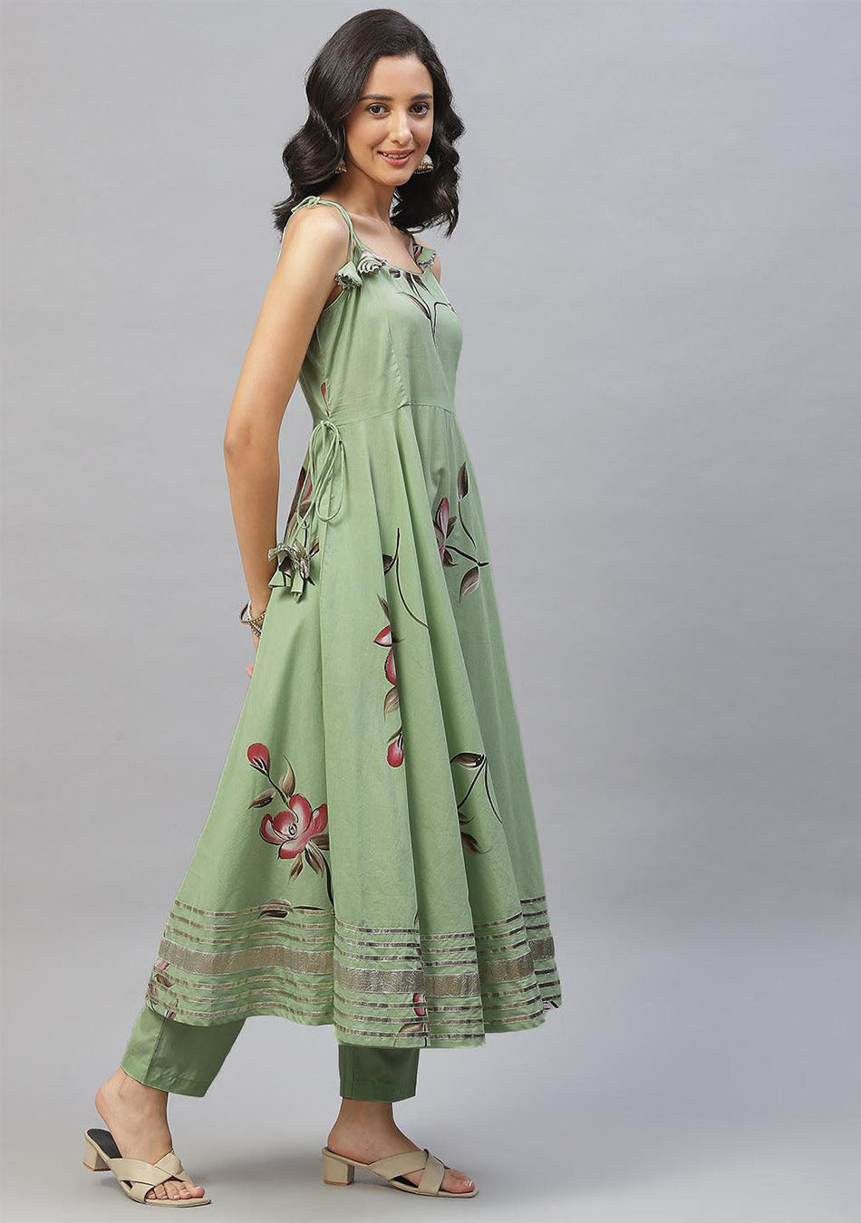 Light Green Hand-Painted Floral Anarkali Kurta Pant Set with Dupatta