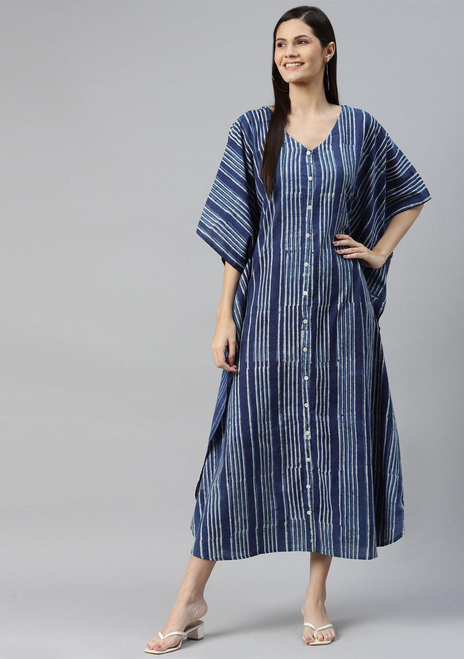 Blue Hand Block Print Striped Kaftan Dress