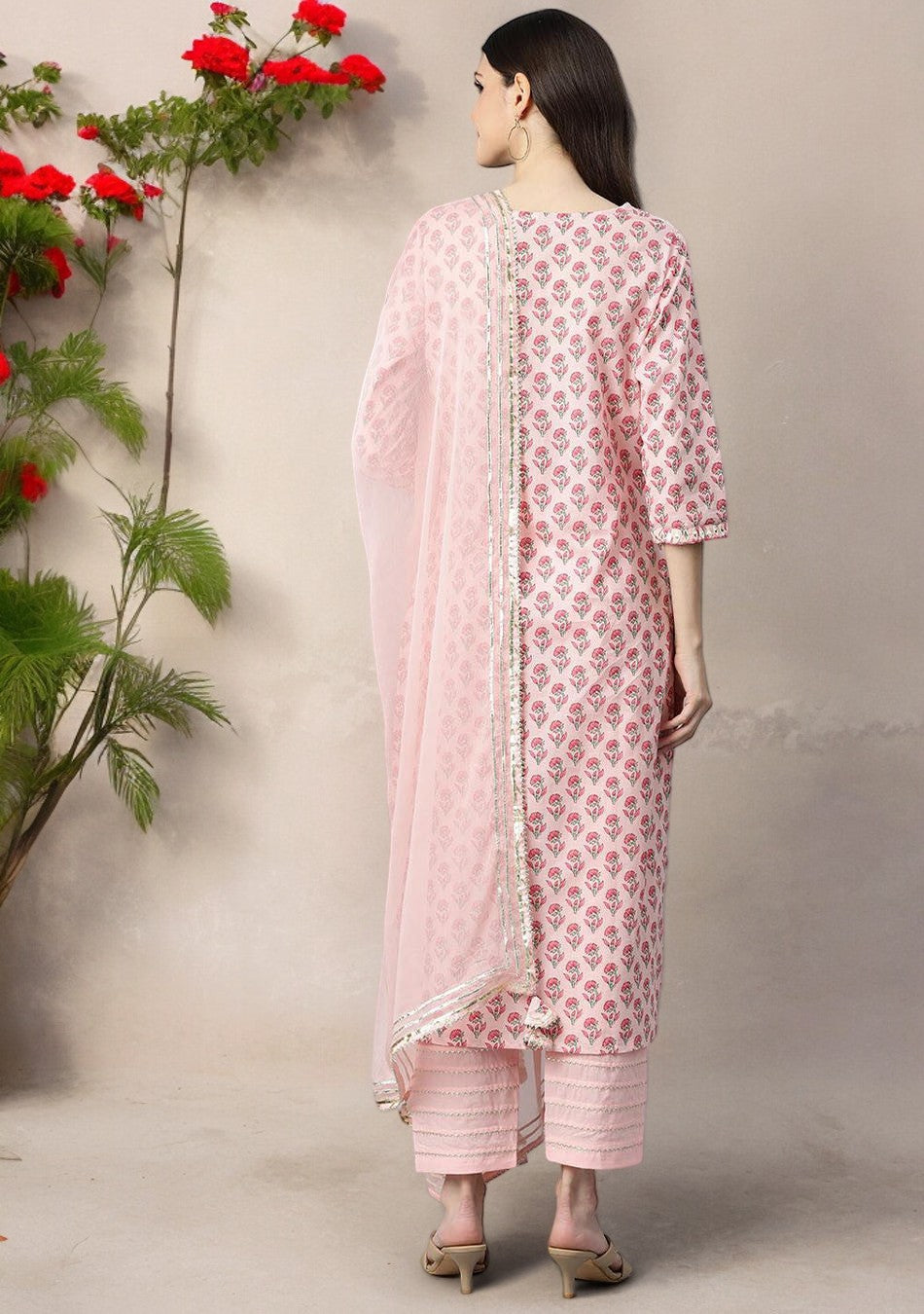 Pink Cotton Straight Kurta Pant Set With Dupatta