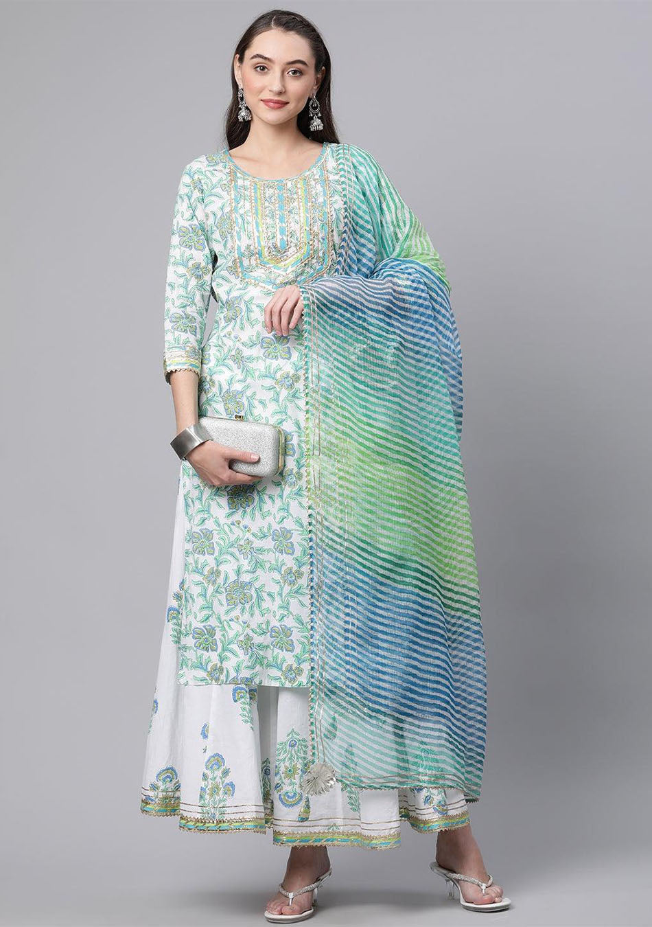 White Floral Printed Kurta Palazzo set with Dupatta