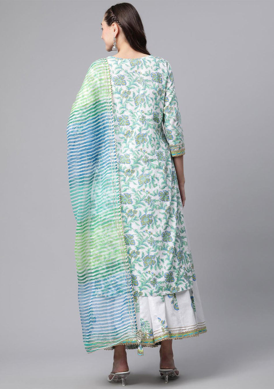 White Floral Printed Kurta Palazzo set with Dupatta