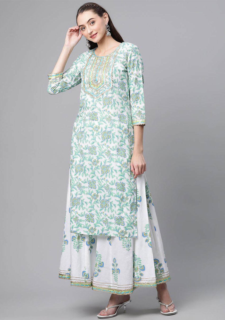 White Floral Printed Kurta Palazzo set with Dupatta