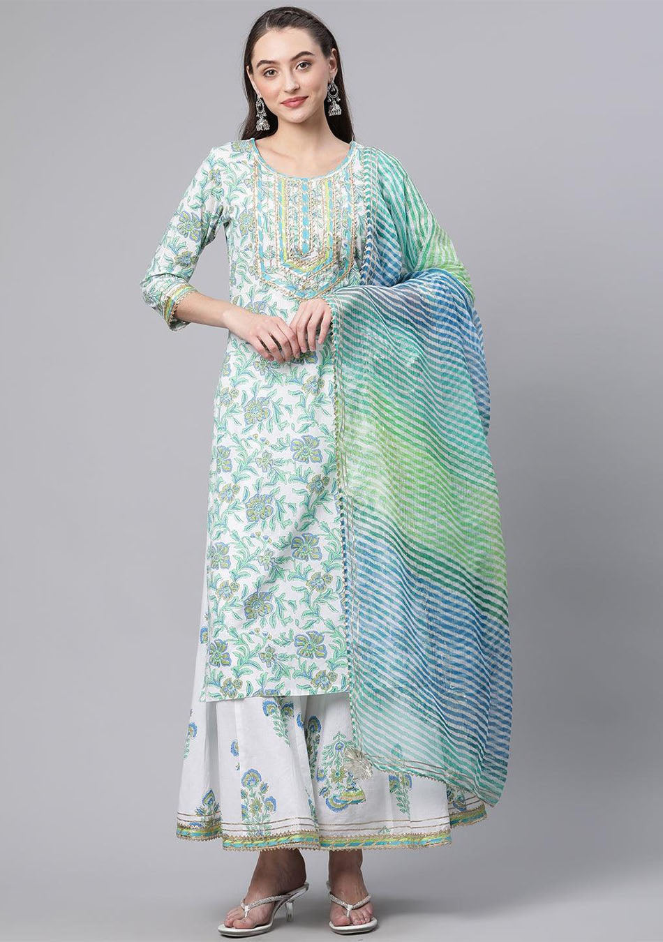 White Floral Printed Kurta Palazzo set with Dupatta