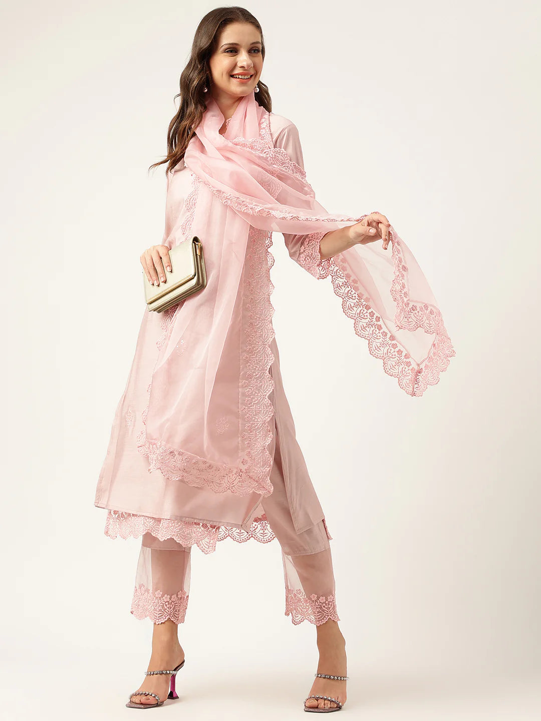 Solid Baby Pink Chanderi Kurta with Inner, Trouser Inner & Dupatta Set