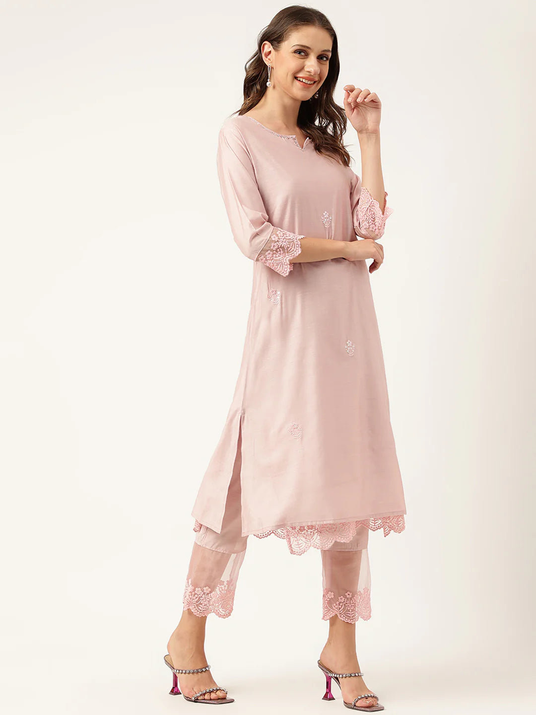Solid Baby Pink Chanderi Kurta with Inner, Trouser Inner & Dupatta Set