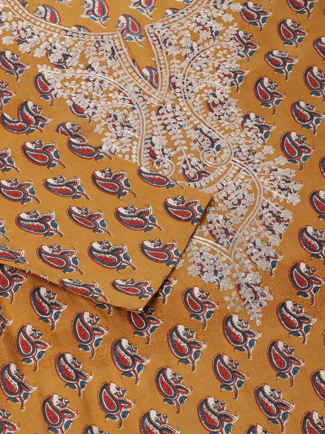 Brown Floral Printed Cotton Zari Work Kurta