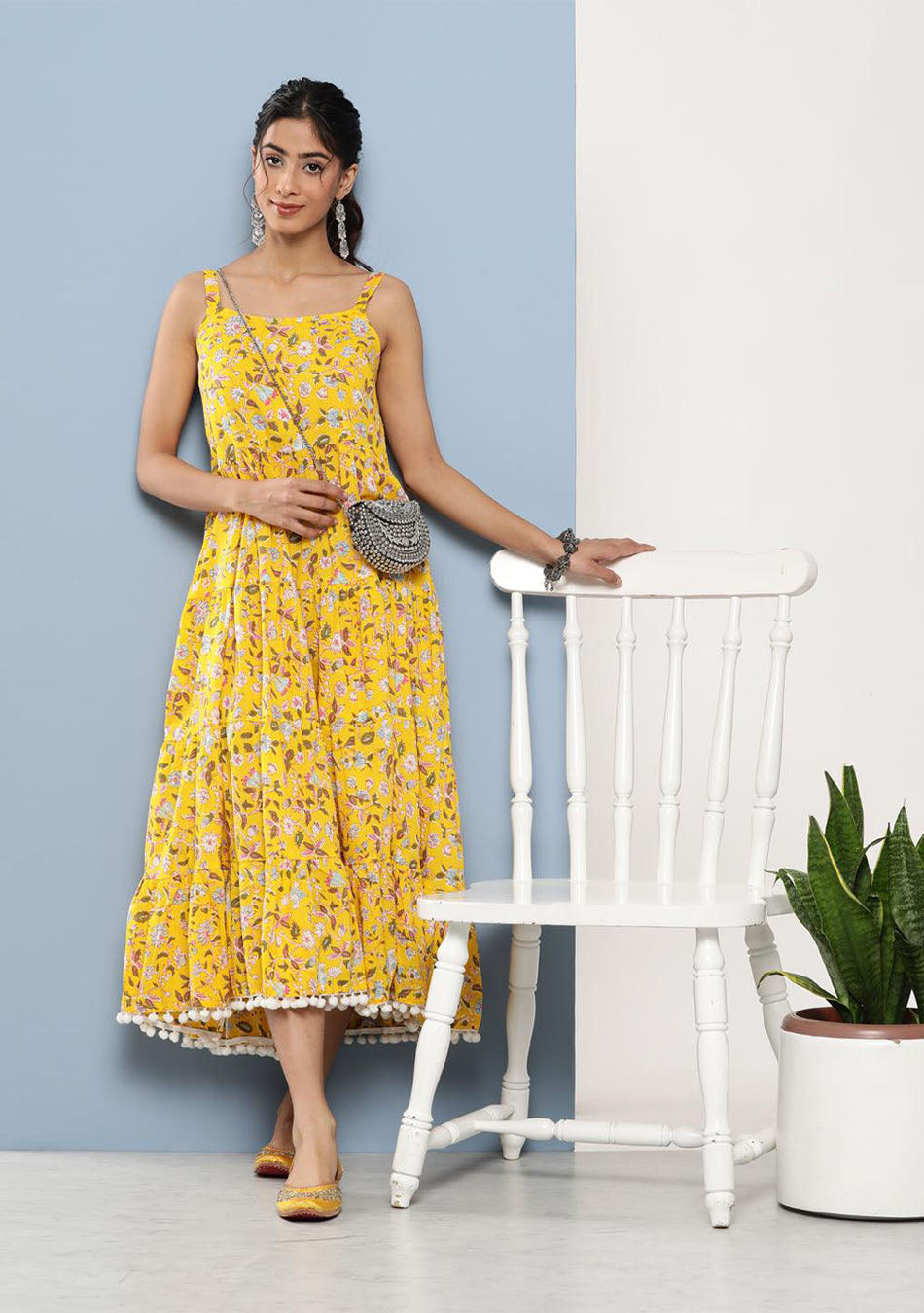 Yellow Floral Shoulder Strap Long Dress