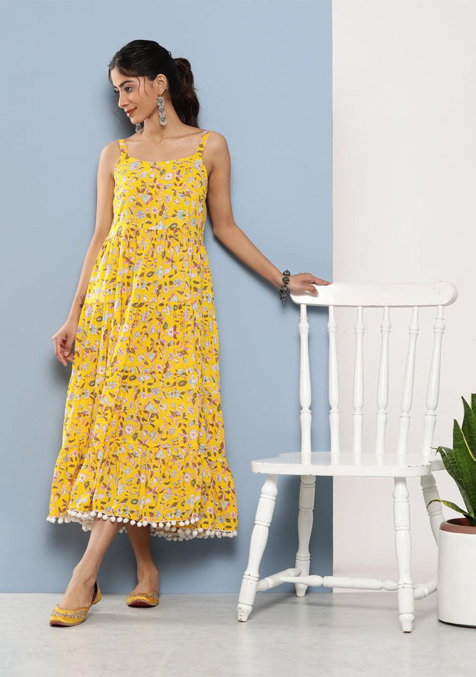 Yellow Floral Shoulder Strap Long Dress