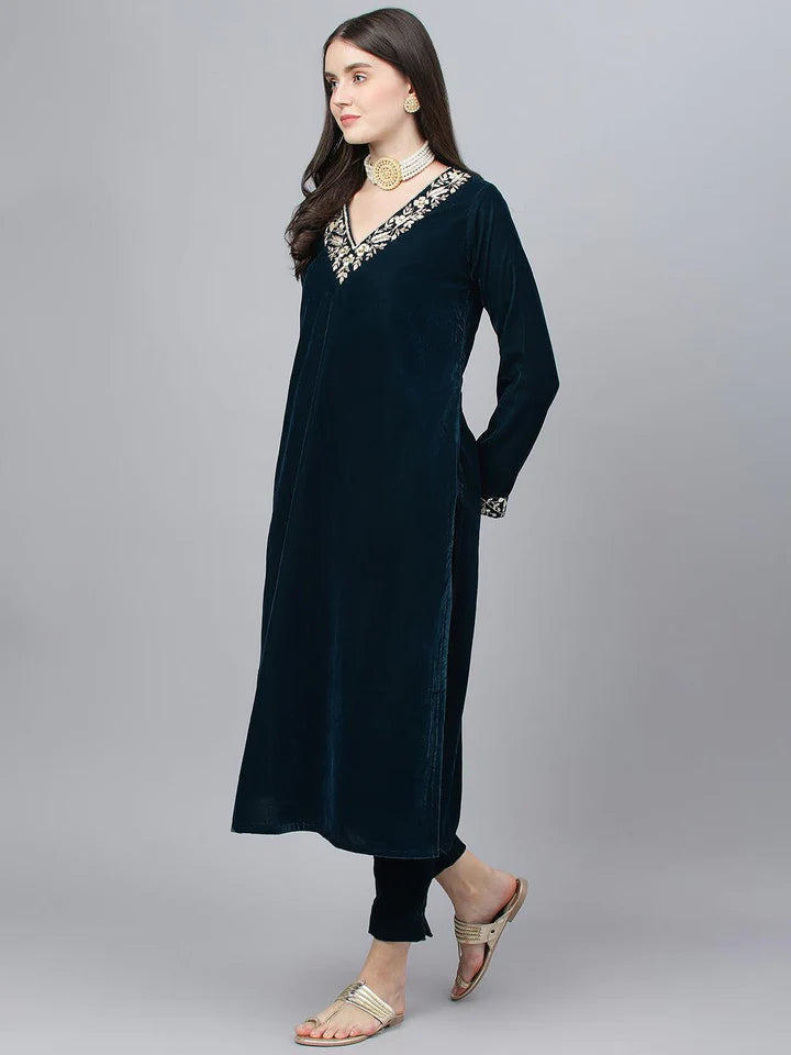 Teal Green Velvet Hand-Work Kurta and Pant Set with Organza Dupatta