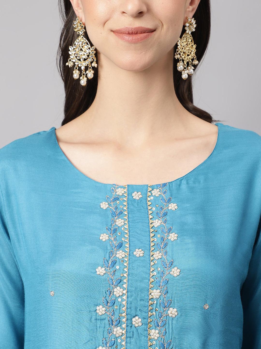 Teal Blue Muslin Embroidary Kurta pant Set with Organza Dupatta