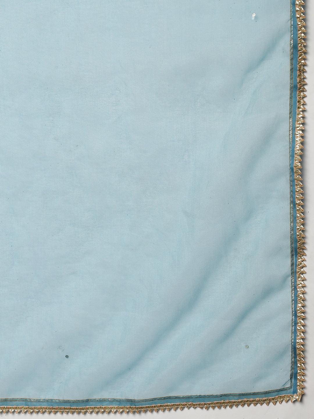 Teal Blue Muslin Embroidary Kurta pant Set with Organza Dupatta