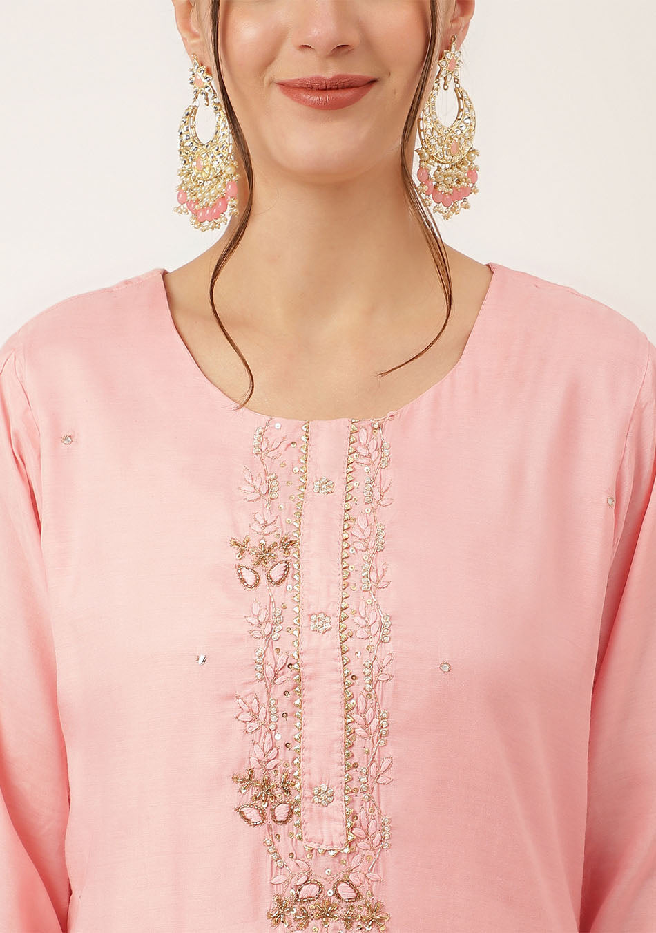 Baby Pink Embroidered Chanderi Kurta, Trouser With Dupatta