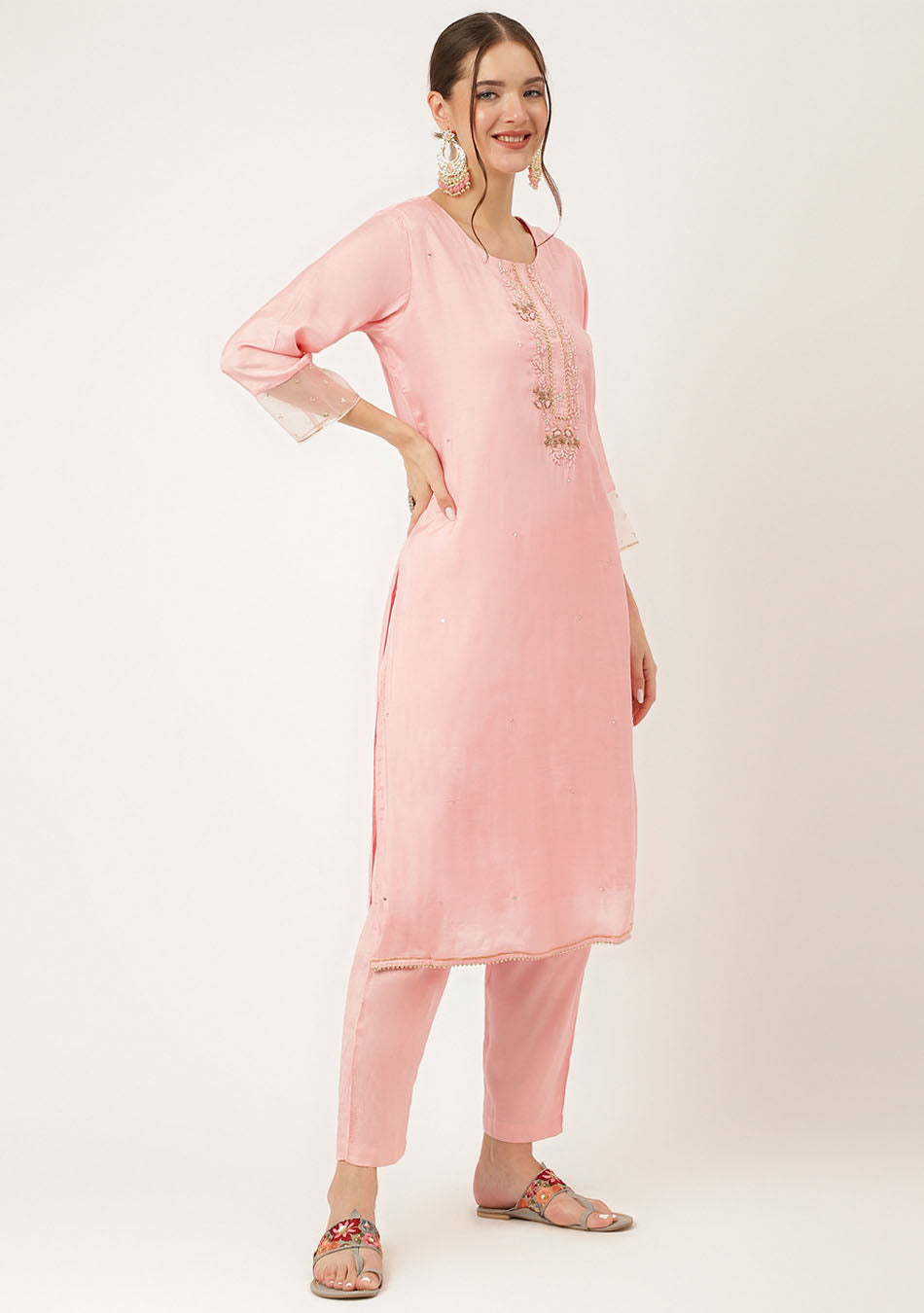 Baby Pink Embroidered Chanderi Kurta, Trouser With Dupatta