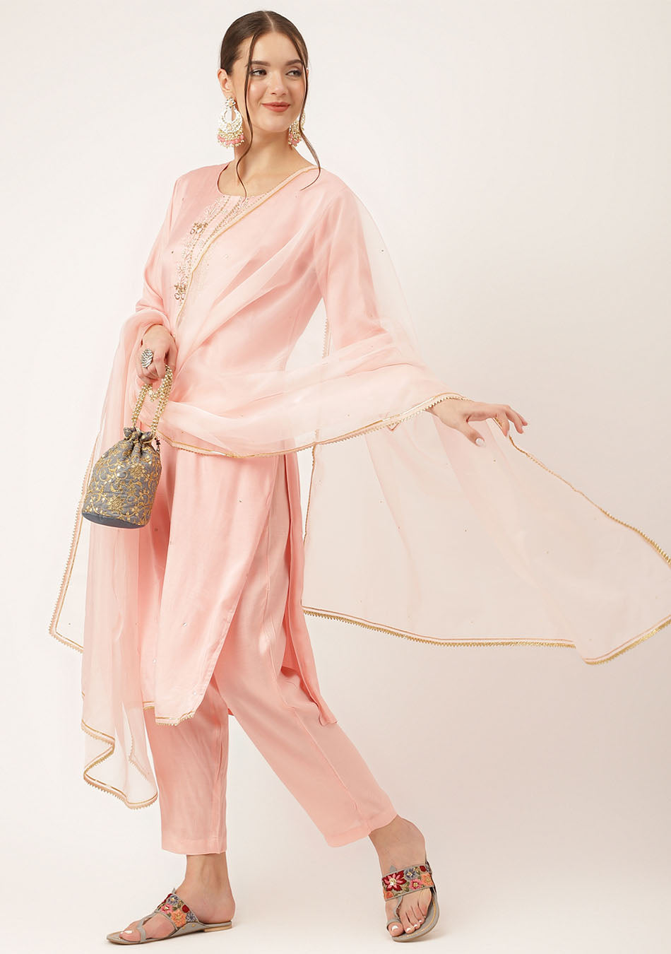 Baby Pink Embroidered Chanderi Kurta, Trouser With Dupatta