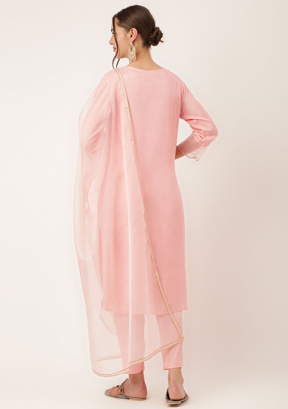 Baby Pink Embroidered Chanderi Kurta, Trouser With Dupatta