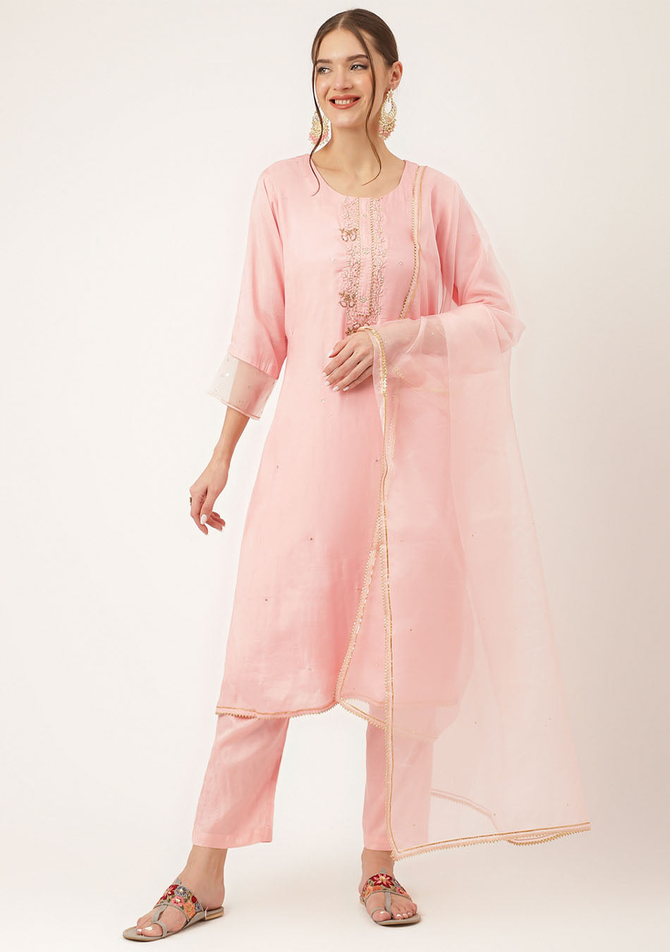 Baby Pink Embroidered Chanderi Kurta, Trouser With Dupatta