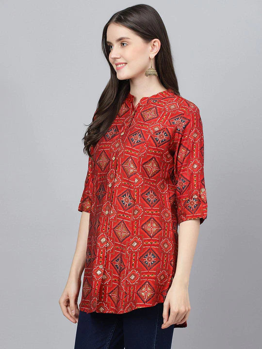 Red Bandhani Printed Modal A-Line Shirts Style Top