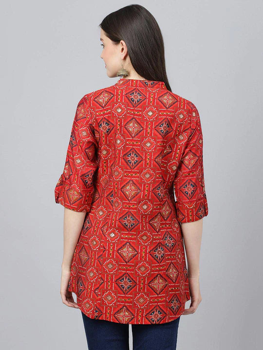 Red Bandhani Printed Modal A-Line Shirts Style Top